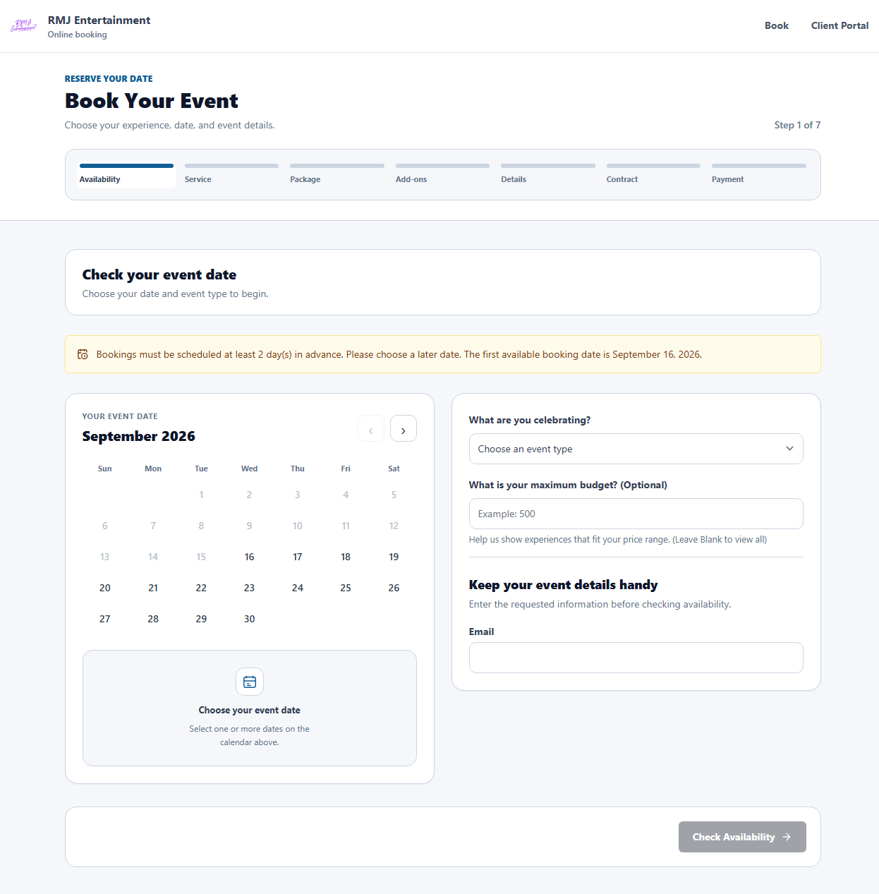 RMJ Entertainment booking form showing the full availability step, event calendar, event details, and Check Availability button
